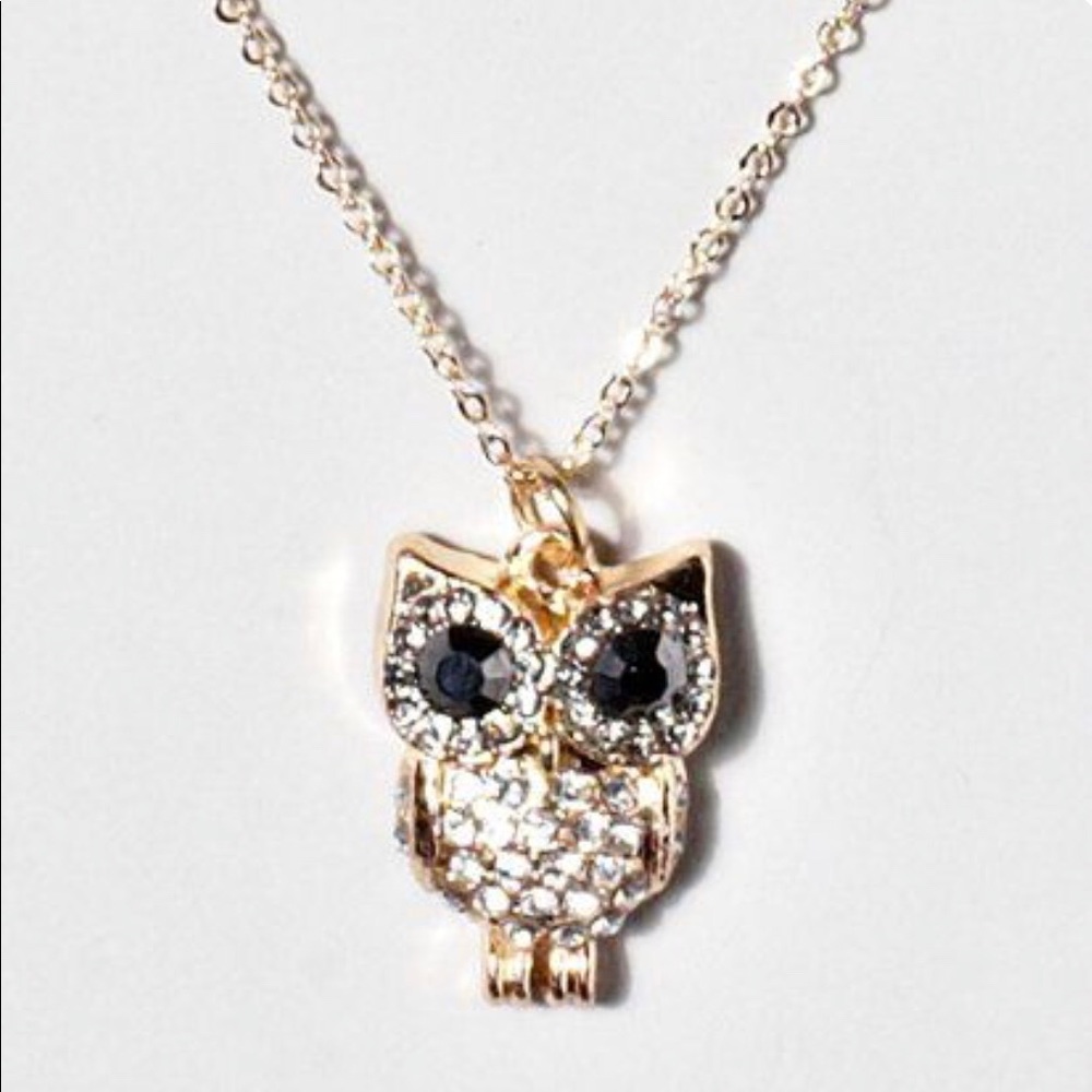 Gold Rhinestone Owl Necklace